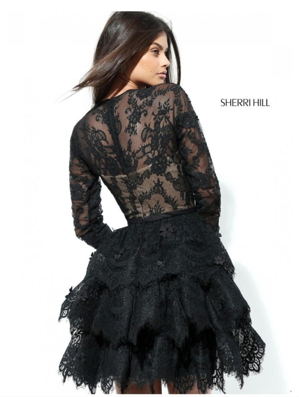 Sherri Hill Black Sheer Lace Long Sleeve Tiered Dress